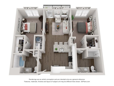 Floor plan for 2 beds, 2 baths, 917 sqft